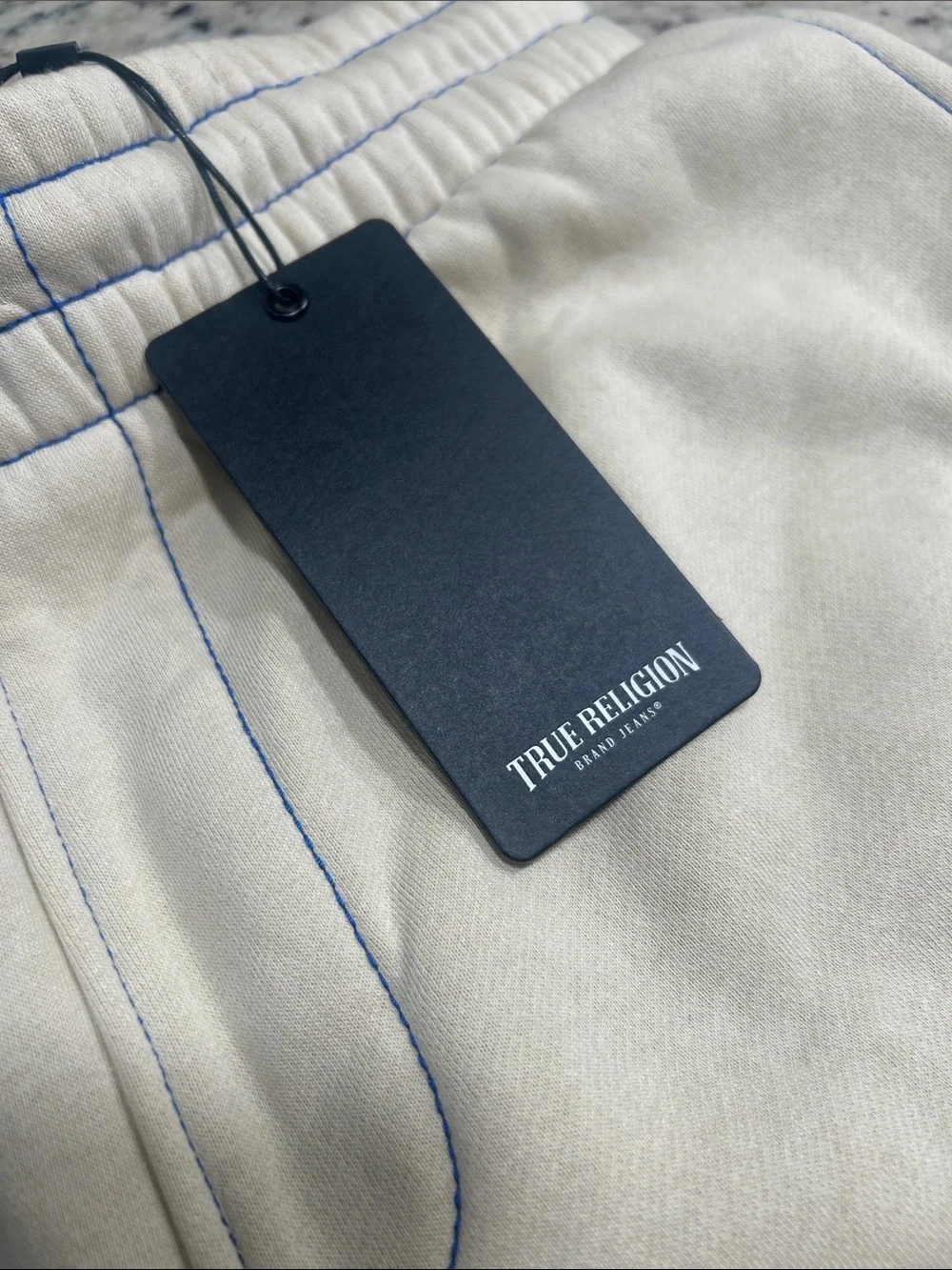 True Religion Cream Shorts with Blue Drawstring and Trim